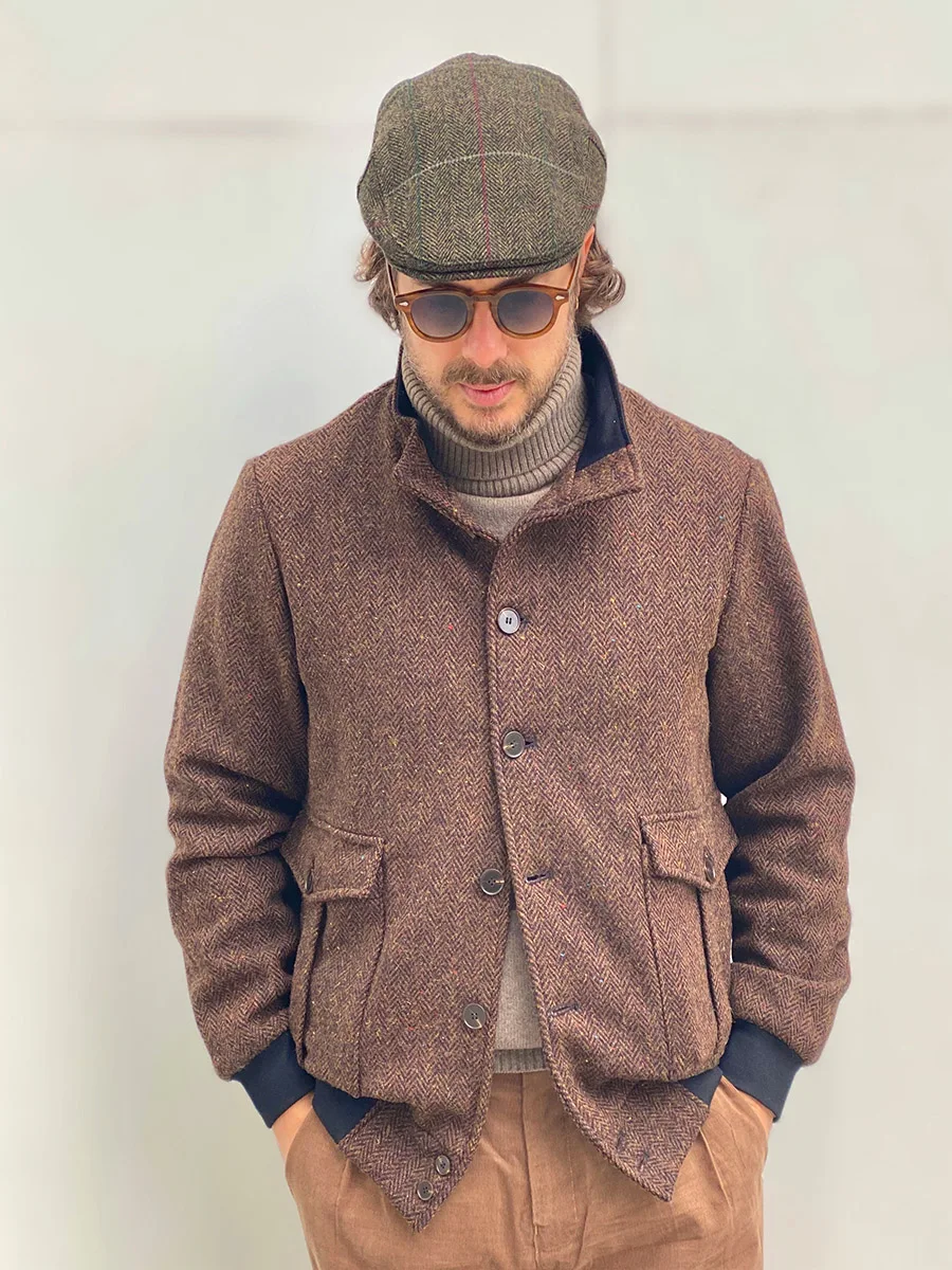 Men's autumn and winter A1 pilot casual jacket pure wool tweed short slim stand collar vintage wool coat