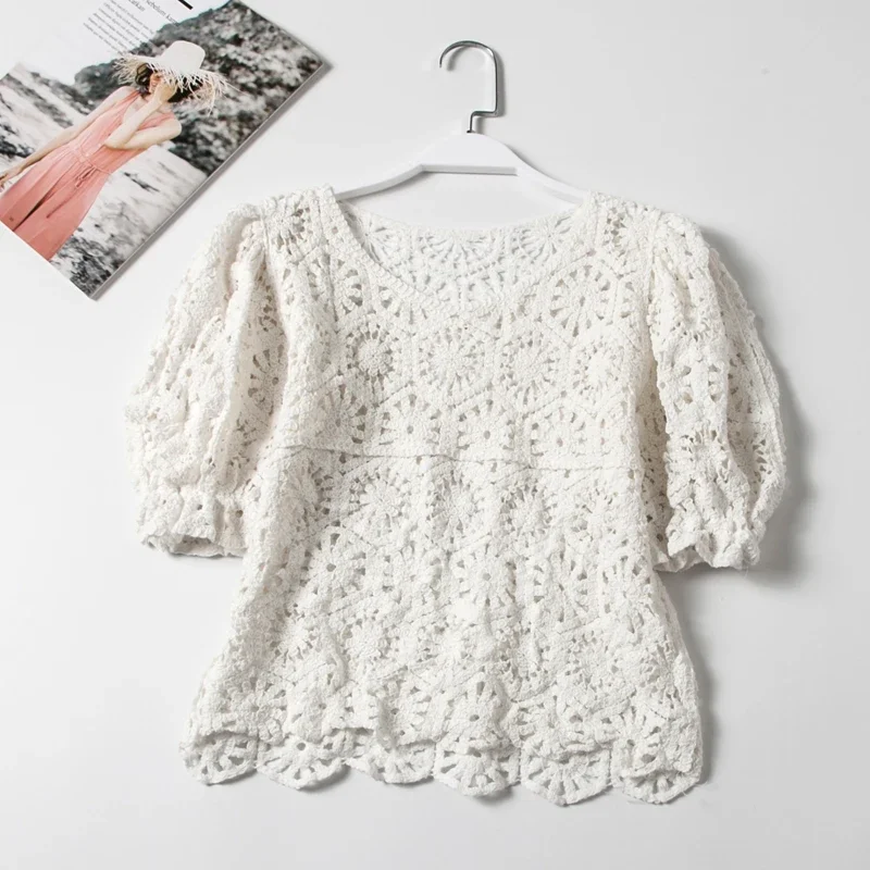 Crochet Lace Top Puff Sleeve Hollow-out Openwork Knit Top Blouse Shirt Women Spring Summer Boho Vacation Vintage Cottagecore view 5
