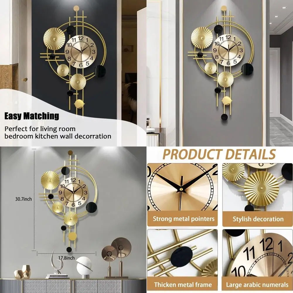 

Silent, Battery-Powered Oversized Modern Wall Clock, 17.8x30.7 Inches, Golden Finish for Living Room, Bedroom, Office
