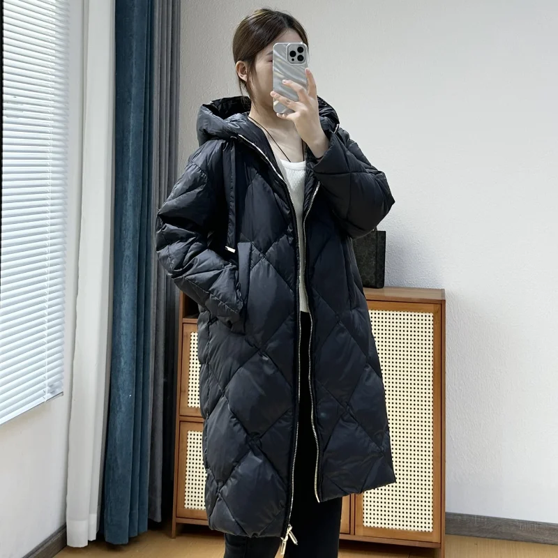 

Casual Puffer Coats Mid-length Women Jacket Lozenge Fashion Parka Korean Loose Down Jacket Windproof Warm Winter Coat Female