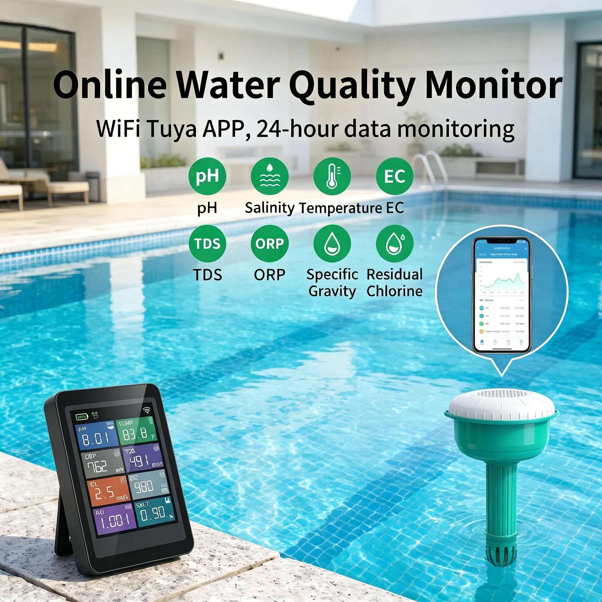 8-in-1 WIFI 투야 스마트 수영장 모니터 염소 측정기 PH ORP EC TDS 염도 SG 온도 측정기 플로팅 수영장 수질 분석기