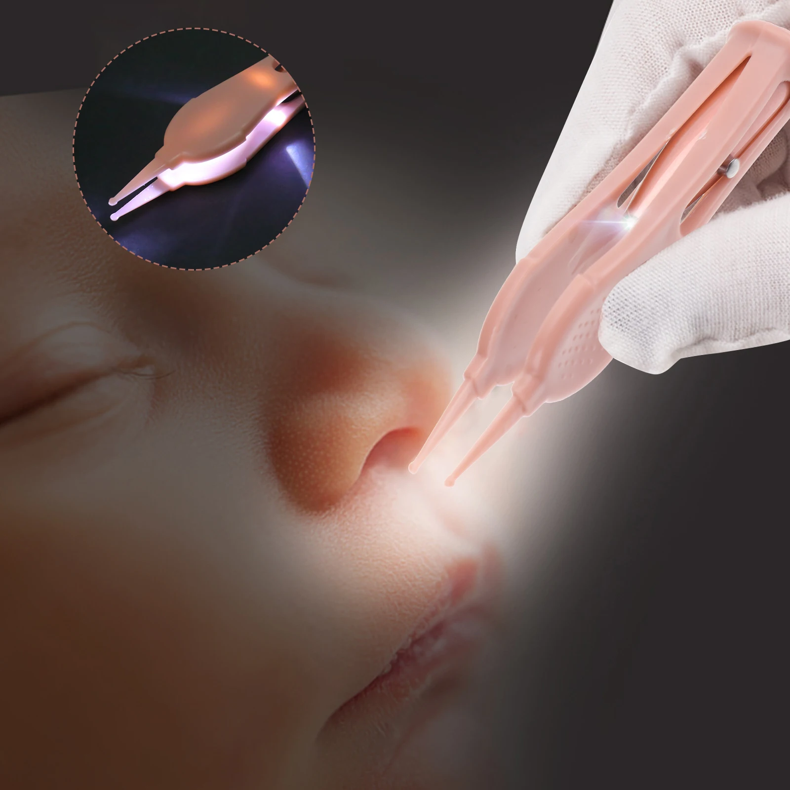 

Baby Booger Tweezer Pink Newborn Nose Ear Navel Cleaning Stainless Steel Silicone Durable Lightweight AntiSkid Handle LED Light