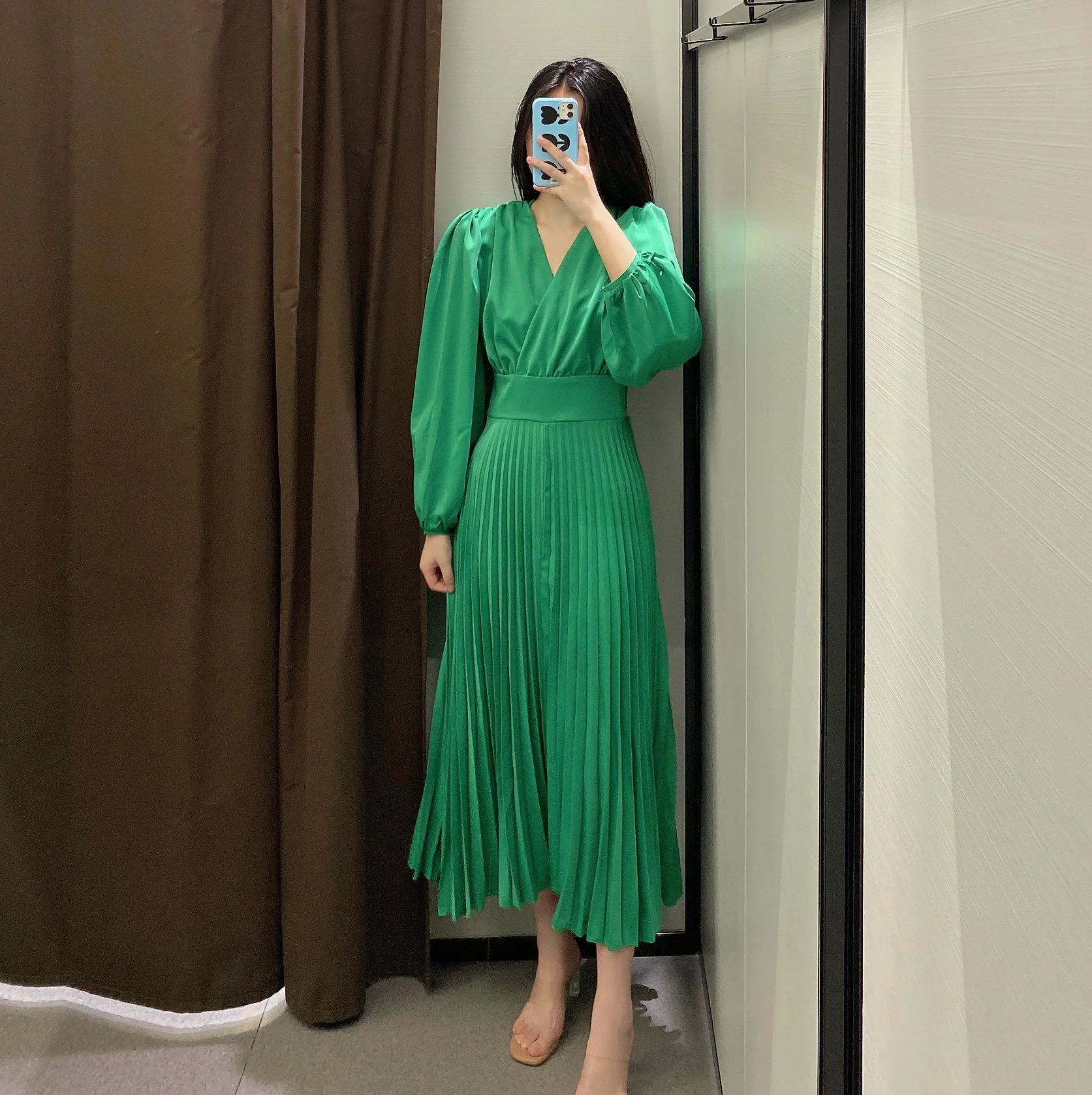 

Женское платье WMXZ с длинным рукавом, V-образным вырезом, приталенное, А-силуэта, миди, осеннее, для чаепития, с завышенной талией, для офиса