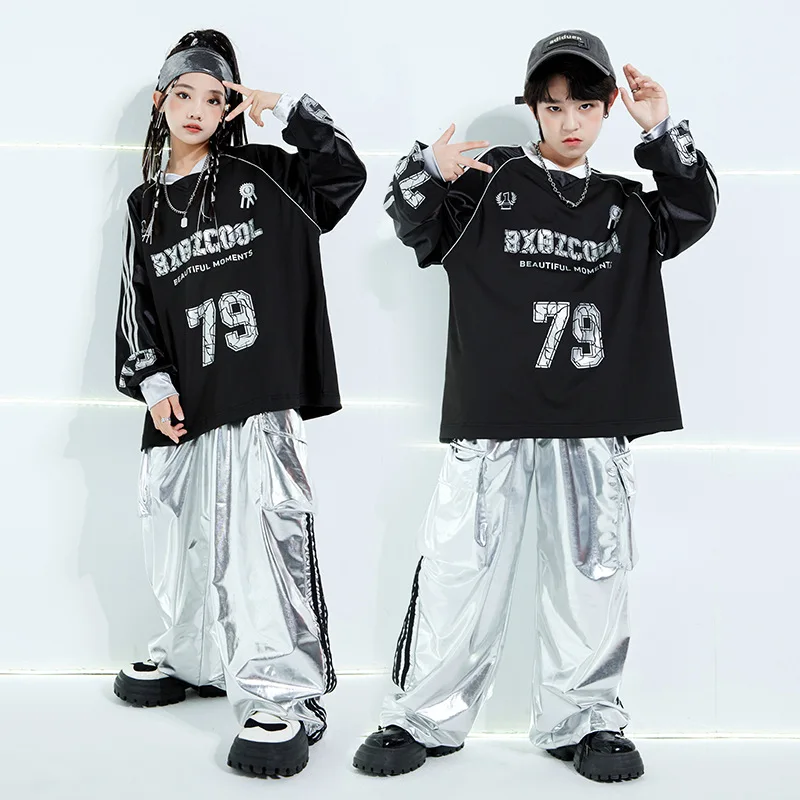 Kids Boys Girls Streetwear Hip Hop Long Sleeve Football T-shirt Silver Leather Cargo Pant Sets Tracksuit Children Stage Clothing