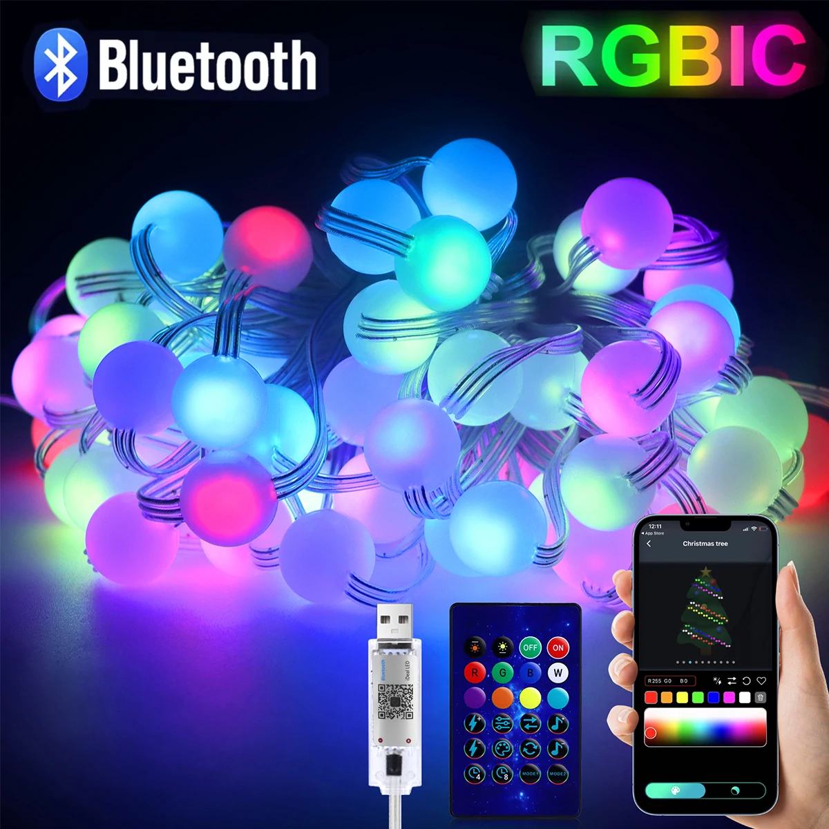 5V USB Bluetooth RGBIC Fata Luce 10M 66LED Stringa di luce natalizia con APP/Telecomando per albero di Natale Ghirlanda Ghirlanda Decor