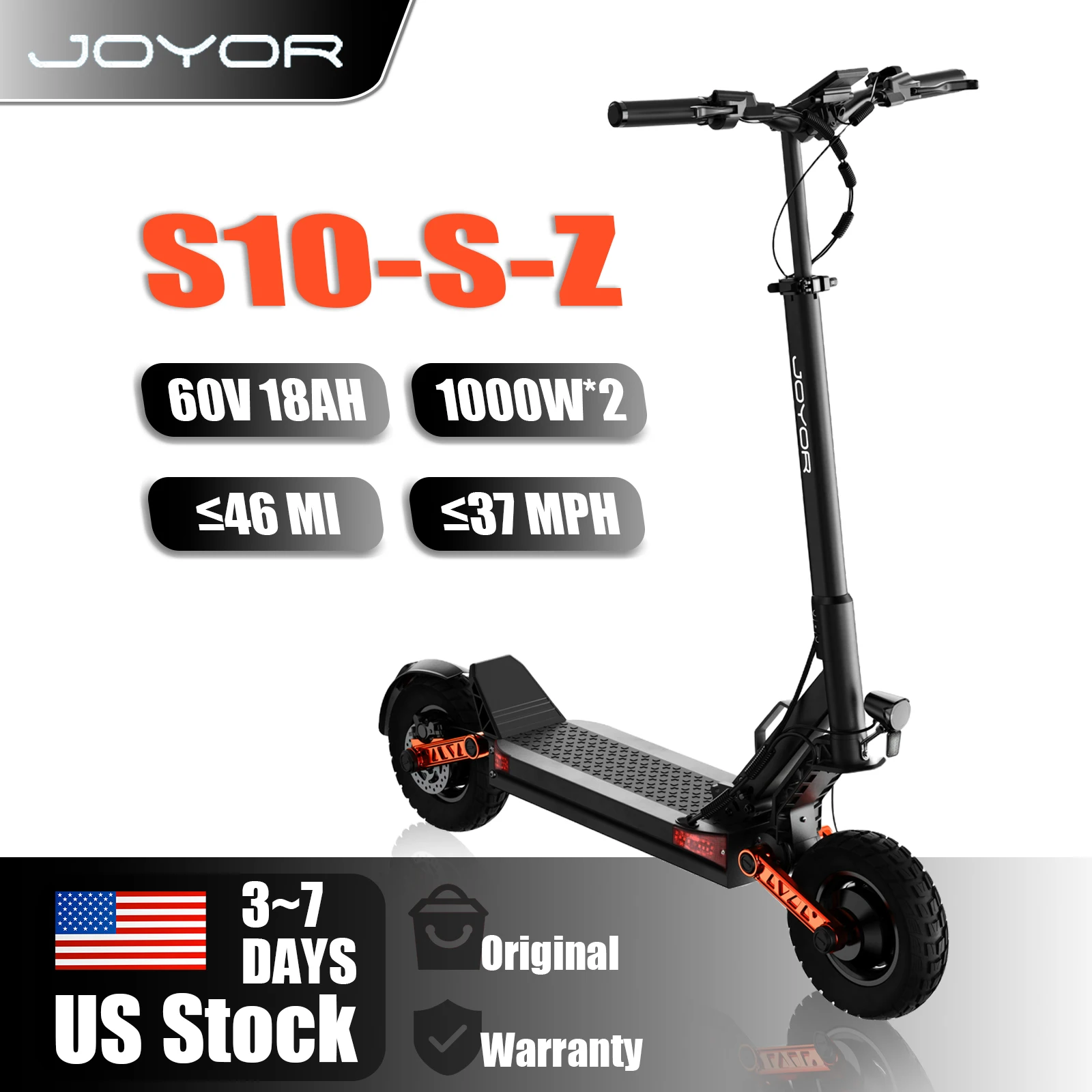 

JOYOR Dual Motors S10-S-Z Electric Scooter 2400W Peak 60V18Ah Battery 18650 Battery Cell 45 Miles Range 37 MPH 10" OffRoad Tires Dual Elastomer Suspension Hydraulic Disc Brakes Aluminum Alloy Frame Wide Footrest Easy Storage for Commuters and OffRoading