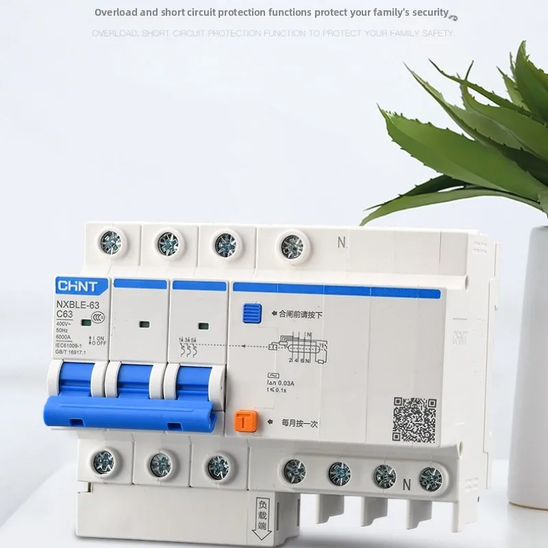 Chint NXBLE-32/DZ47LE Interruttore d'aria per perdite 1PN/2P/3PN/3P+N - 10A-32A, capacità di interruzione 6kA, montaggio su guida DIN per casa/ufficio