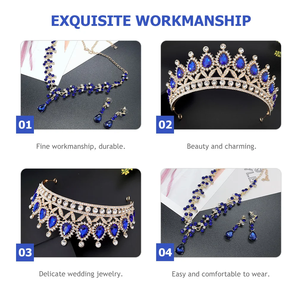 

1Set Wedding Rhinestones Crown Necklace Earrings Bridal Jewelry Set for Bride Party Evening Banquet Crowns for Women