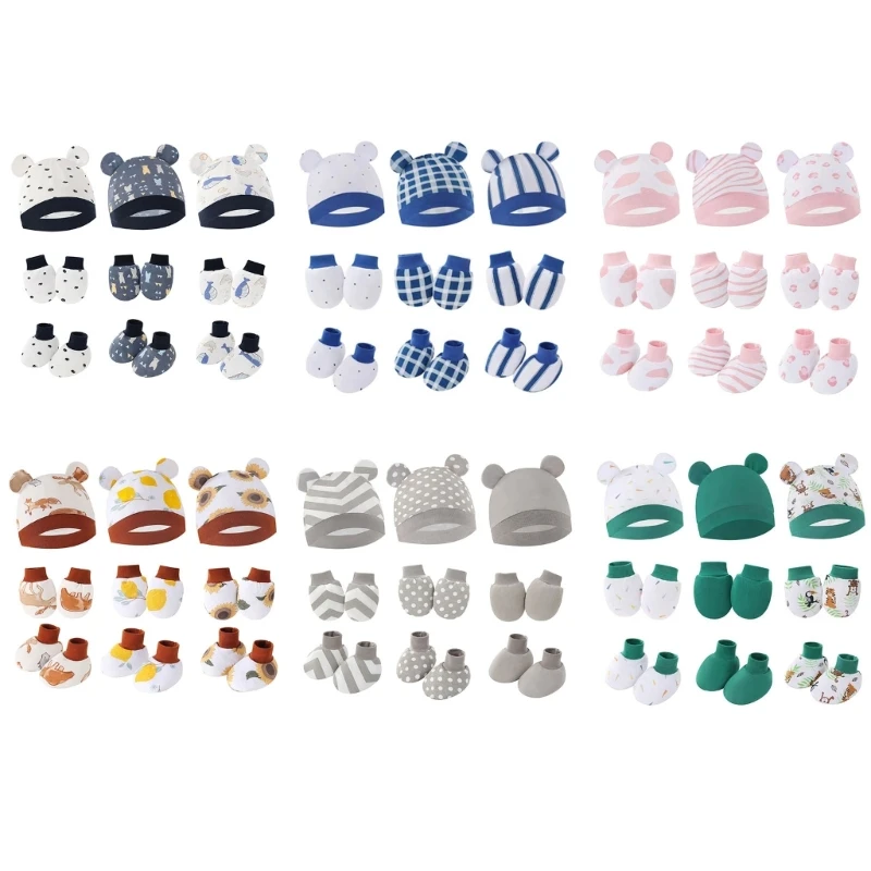 

3pcs Newborns Baby Cotton Bonnet Hat and Gloves Set with Socks Soft Breathable