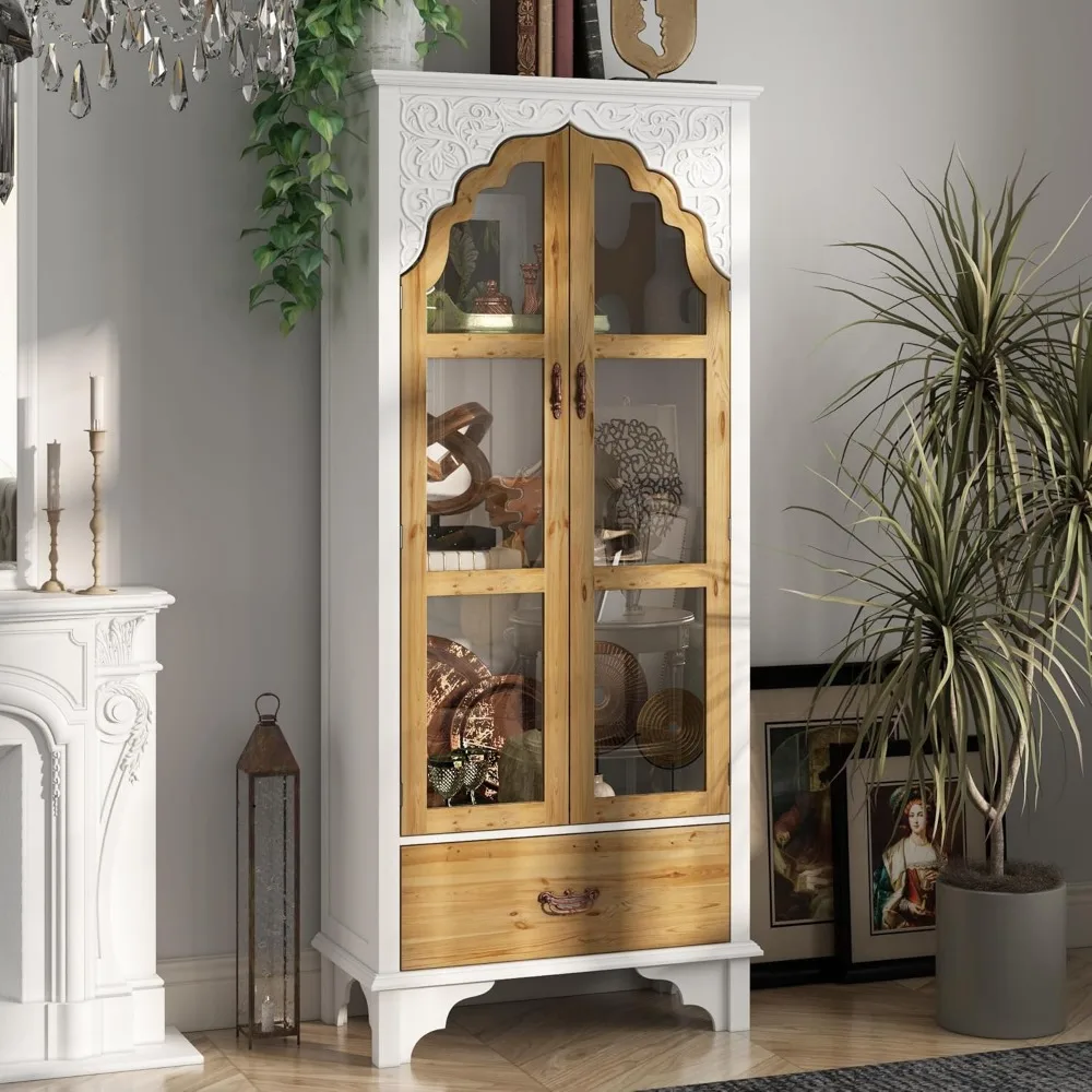 

70.9 Kitchen Pantry Cabinet with 3 Shelves & Drawer, Farmhouse Corner Storage Display Cabinet with Carved Glass Doors and