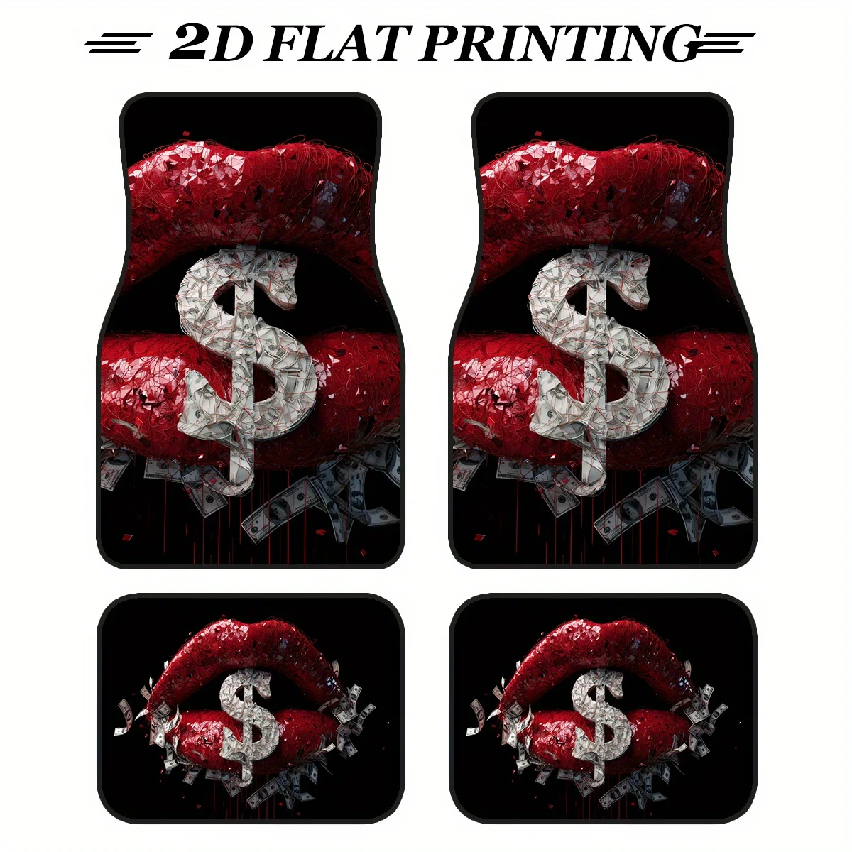 

4 шт., всепогодные автомобильные коврики из противоскользящего полиэстера — рисунок с принтом красных губ в долларах, подходит для седанов, внедорожников, внутреннего декора