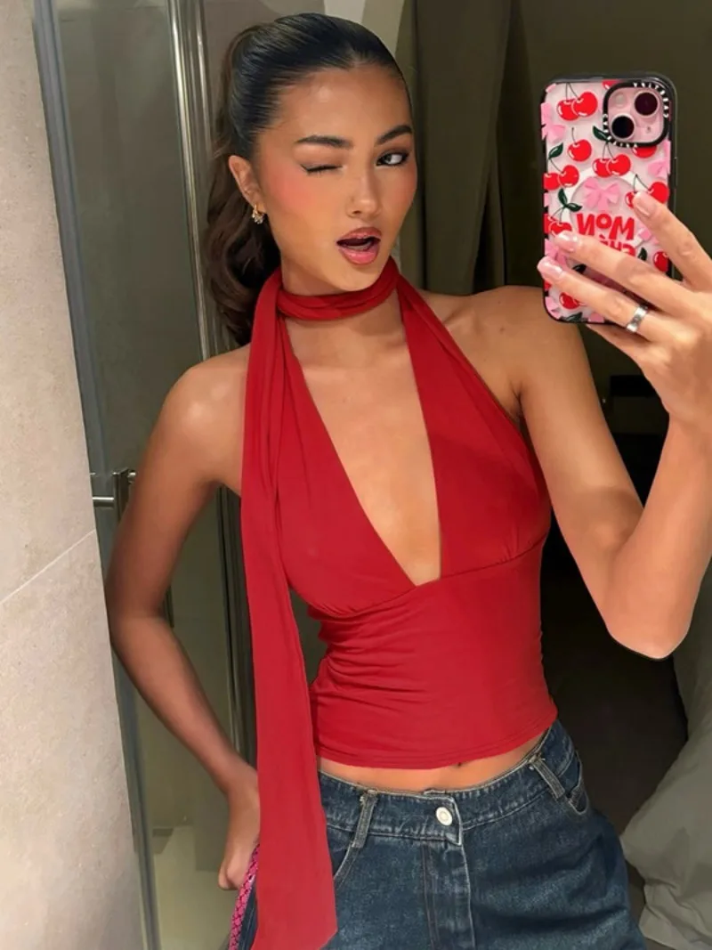 

Женская одежда, бандажный корсет с глубоким v-образным вырезом и лямкой на шее, лето 2022, топы на бретелях с открытой спиной, камзол с открытой спиной на шнуровке, красный, черный