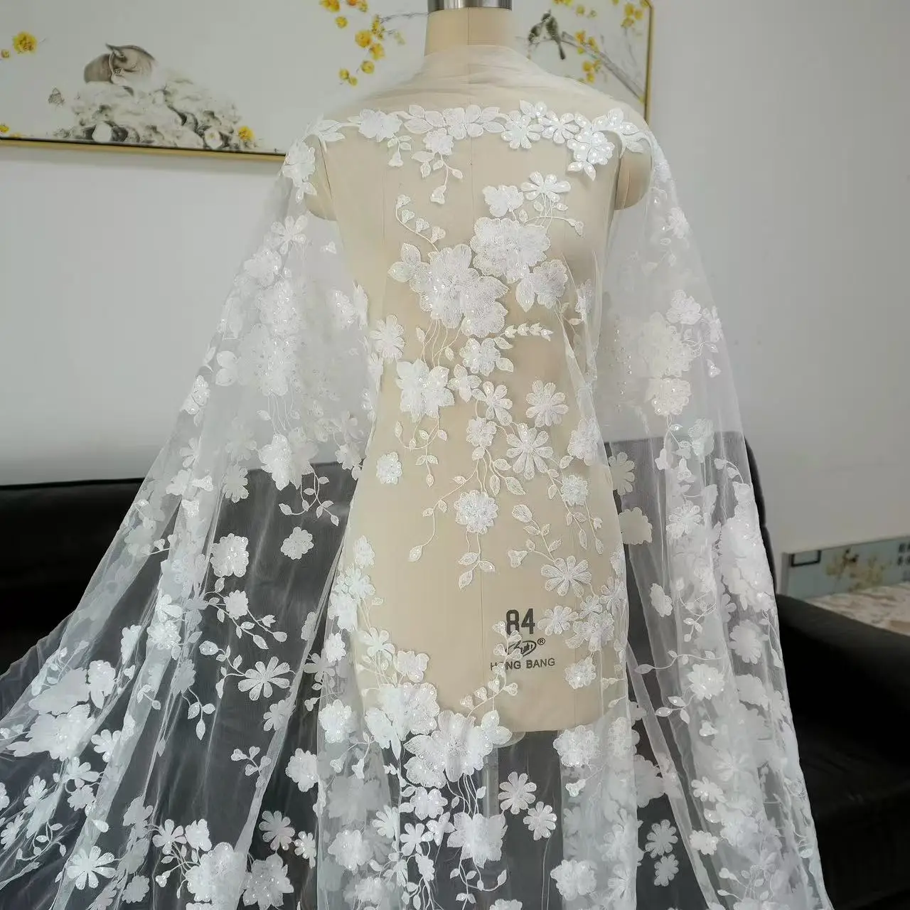 

1yards Wedding Dress Sewing Accessories with Sequins Embroidered Lace Fabric Soft Tulle For Bridal Gowns Wears