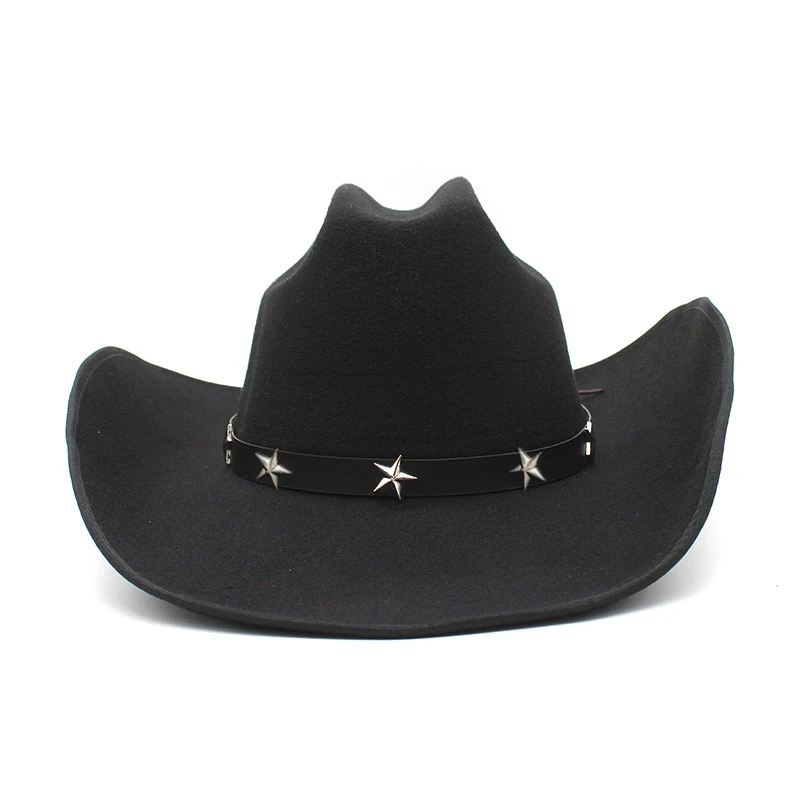 Retro Stars Leather Belt Imitation Cashmere Women Men Large Wide Brim Yellowstone Cowboy Western Hat Cowgirl Cap  (56-59cm)