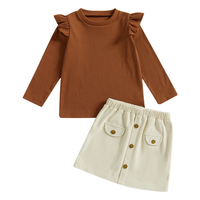 

2-Piece Girls Skirt Set 3D Bow Long Sleeve Ruffled Ribbed Tops Single-breasted Corduroy Short Skirt Outfits