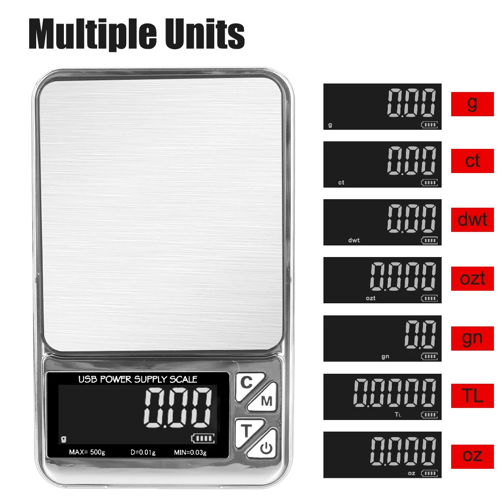 Pocket Kitchen Scale 100g/500g USB Charging Digital LCD Jewelry Scales Electronic Stainless High Precision