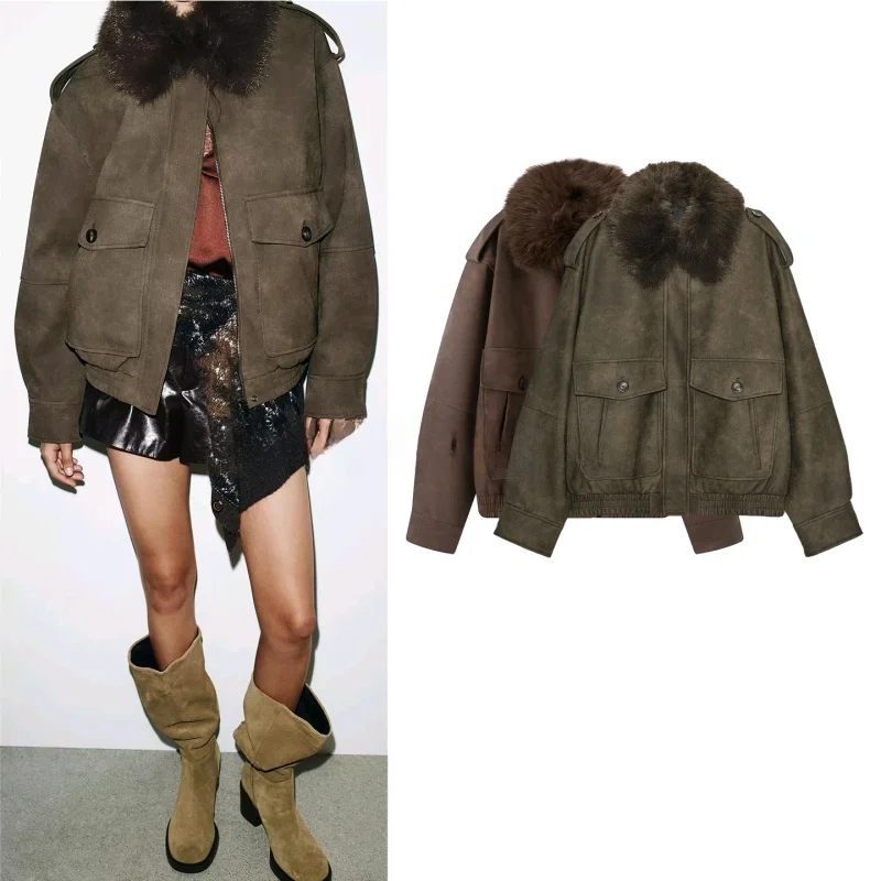 

Autumn Winter Women's Jaet Coat Long Sve Faux Suede Effect Detachable Collar Loose Fit Warm Polyester Fiber Button Closure