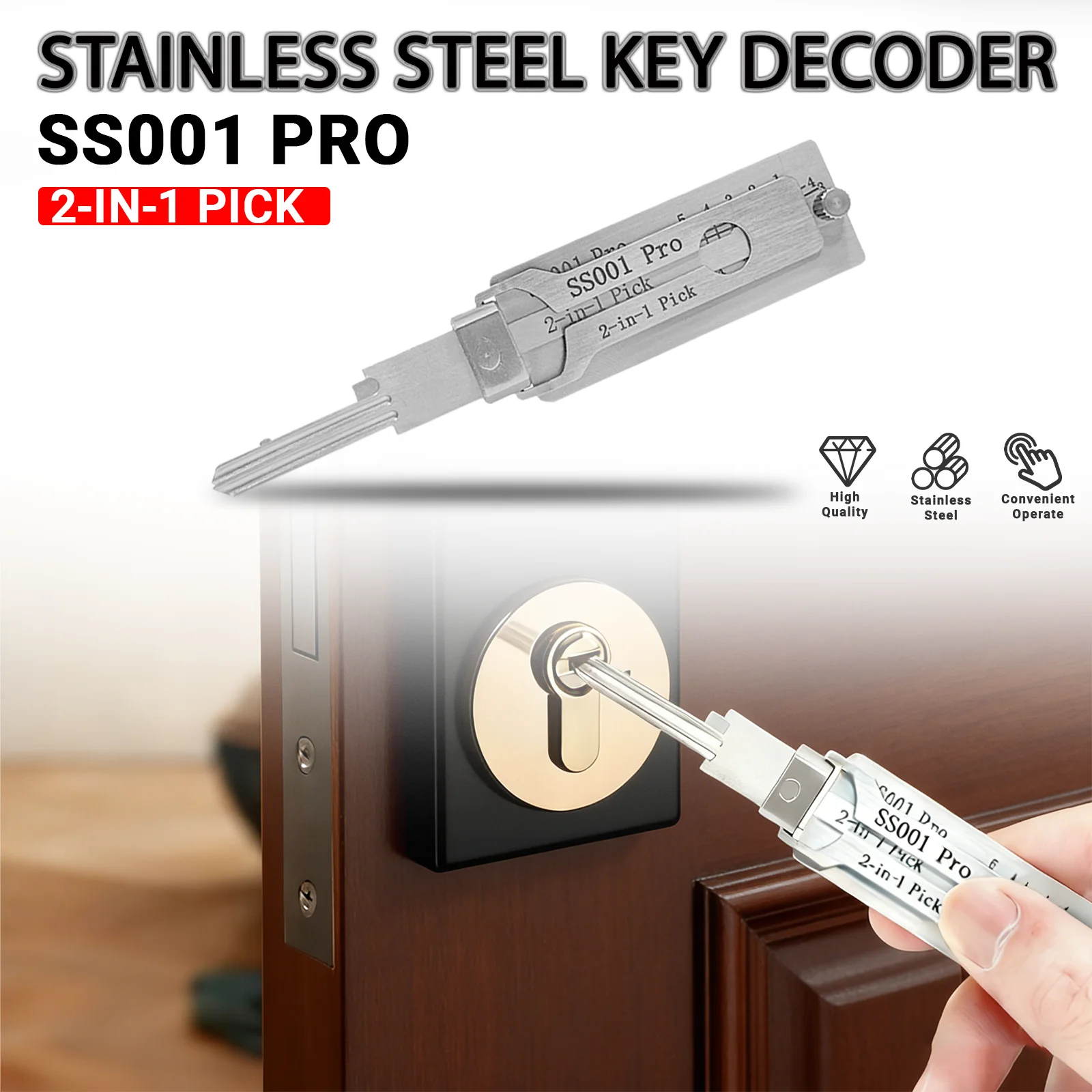 Decodificador de llave de acero inoxidable 2 en 1 SS001Pro, herramienta de gancho decodificador de llave portátil SS001, Kit de reparación de mantenimiento, Kit de reparación de pastilla de junta tórica