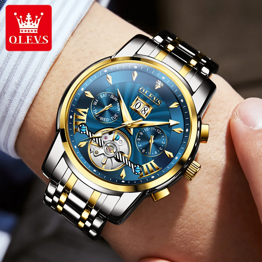 OLEVS 9965 New Automatic Mechanical Watch For Men Skeleton Flywheel Waterproof Men\'s Watches Week Calendar Luxury Man Wristwatch