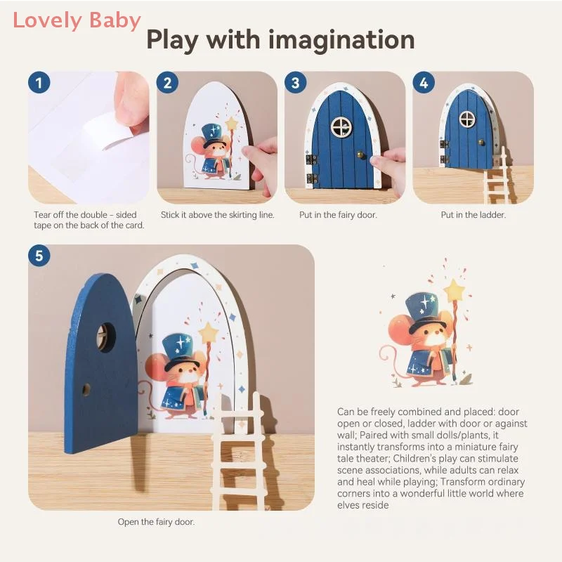 【BBS-7】1 Set Prachtige Karakterstickers Leuke Fantasiespel Houten Boog Te Openen Deur Speelgoed Cadeau Montessori Houten Fee Deur Kit