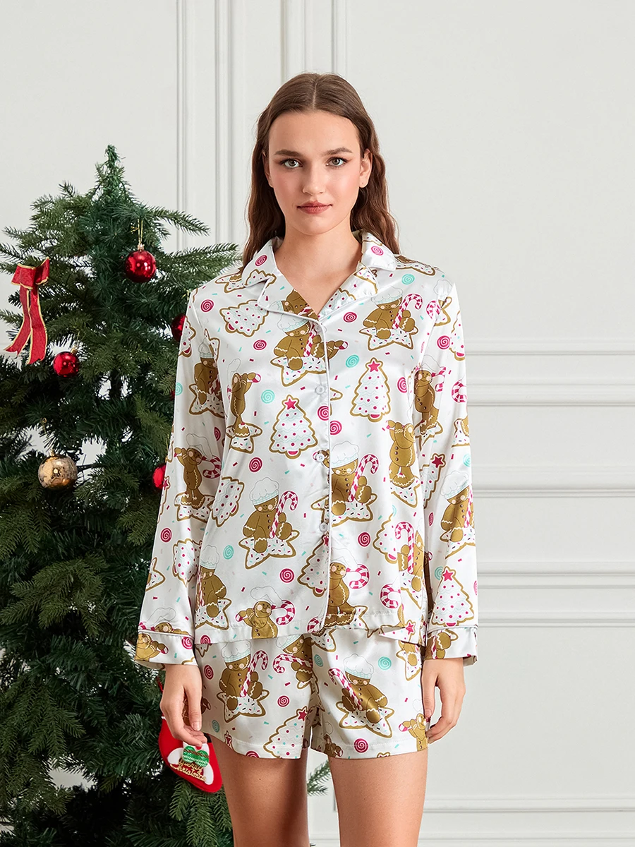 New Women Christmas Satin Pajama Set Gingerbread Print Long Sleeve Button-Up Tops Elastic Waist Shorts 2 Piece Sleepwear Outfits