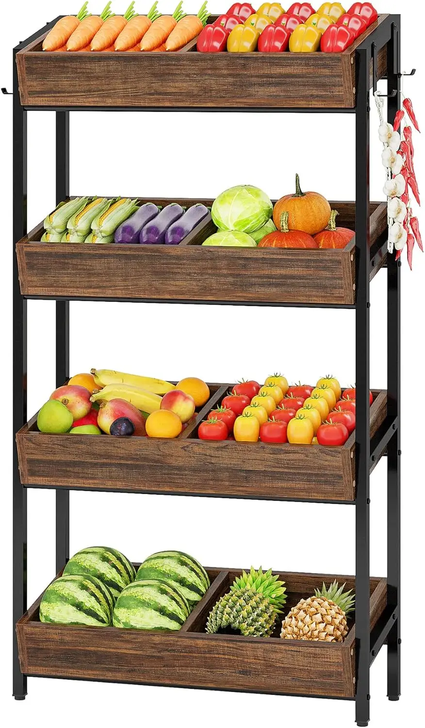 

Wood Fruit and Vegetable Basket Stand Rack for Kitchen, Office, Store, Supremarket, Pantry Shelf Unit for Snacks, 4-Tier Wooden