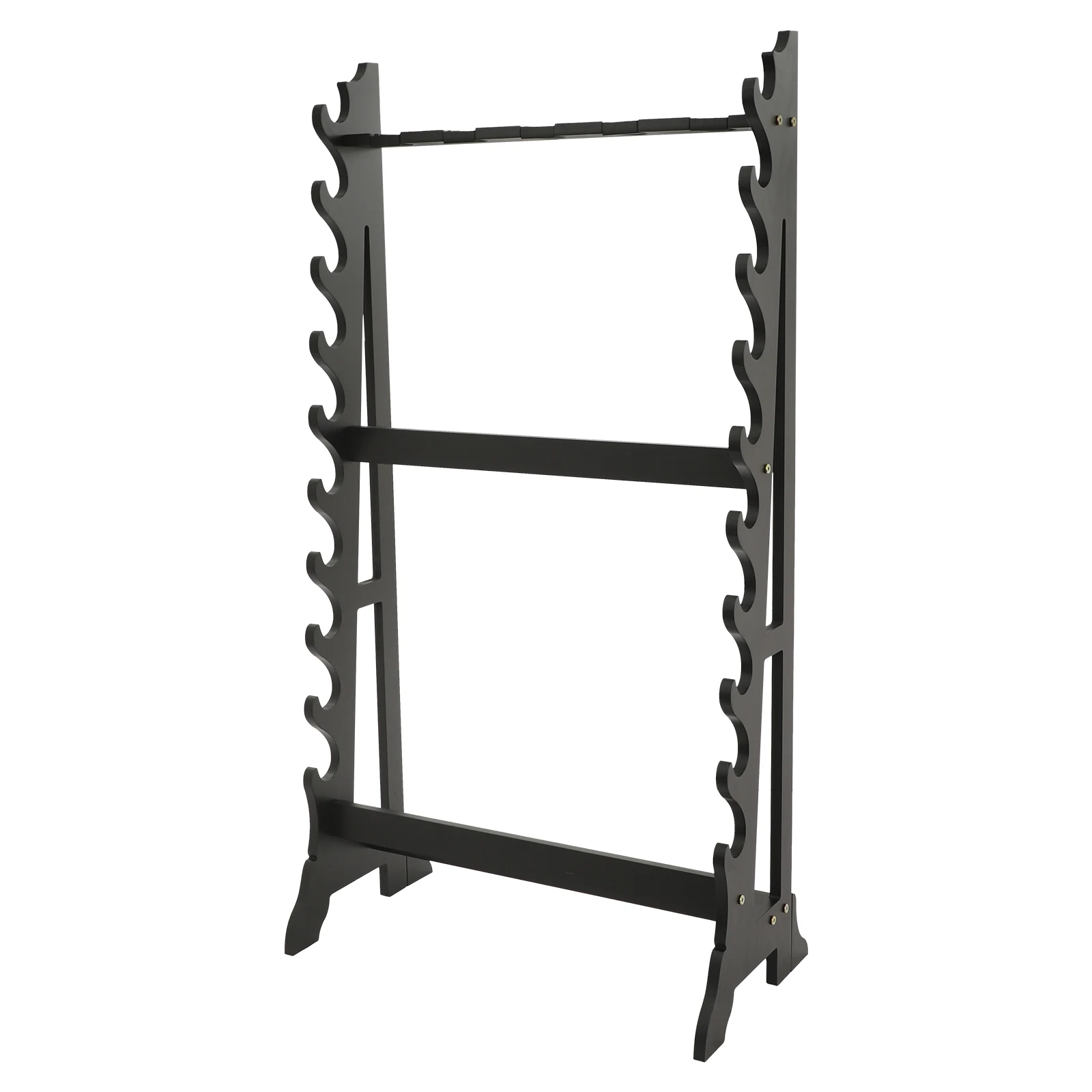 Sword Stand, 4-Tier Wall Mount Sword Stand, Weapon Display Rack, 10 Layer Vertical Storage Organizer with 5 Hanging Holes for Long Handles, Thick MDF, Anti-Slip Clip, Safe Guard Bar, Large Capacity, Space Saving, for Swords Katana Home Office Room