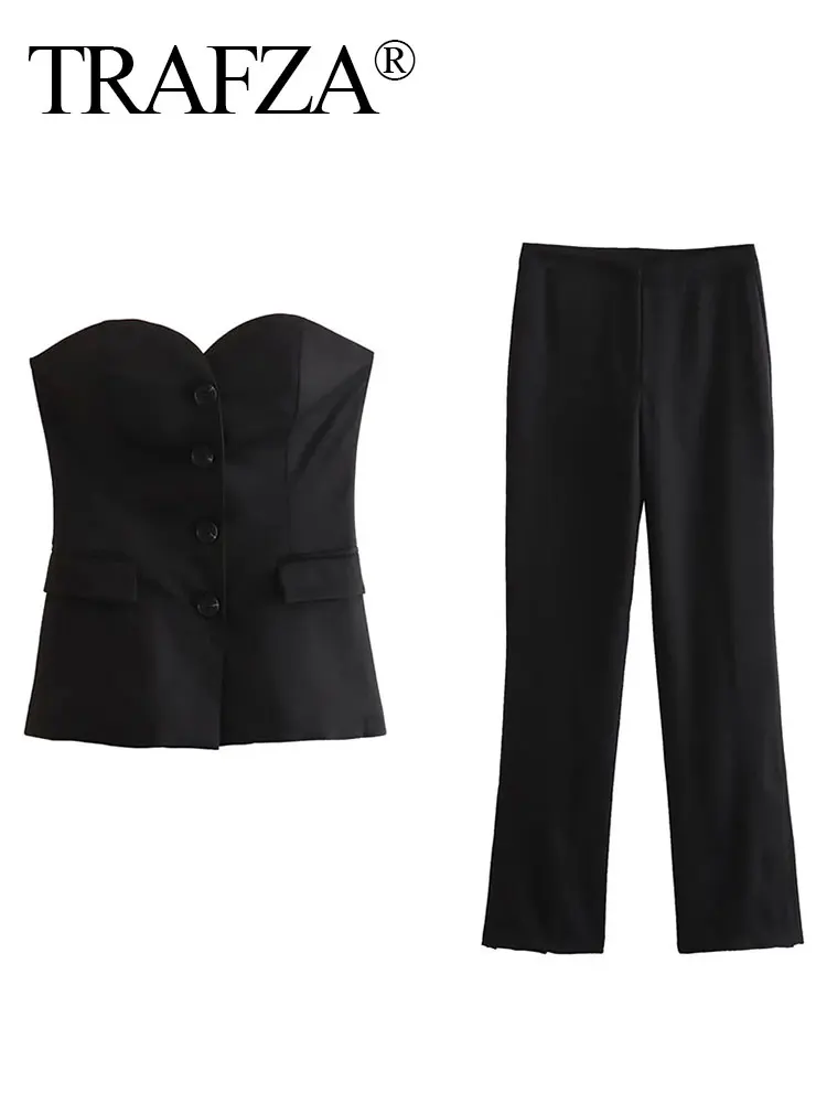 TRAFZA Sleeveless Off Shoulder Tube Top Slim Single Breasted Commuter Blazer + Pants Simple All-match Straight Trousers Set