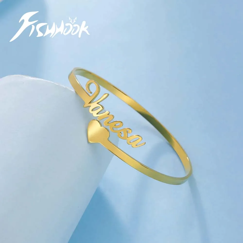 Heart Name Custom Bangle Personalized Bracelet Cuff Gift for Women Men Kid Father Dad Mother Stainless Steel Gold Color Jewelry