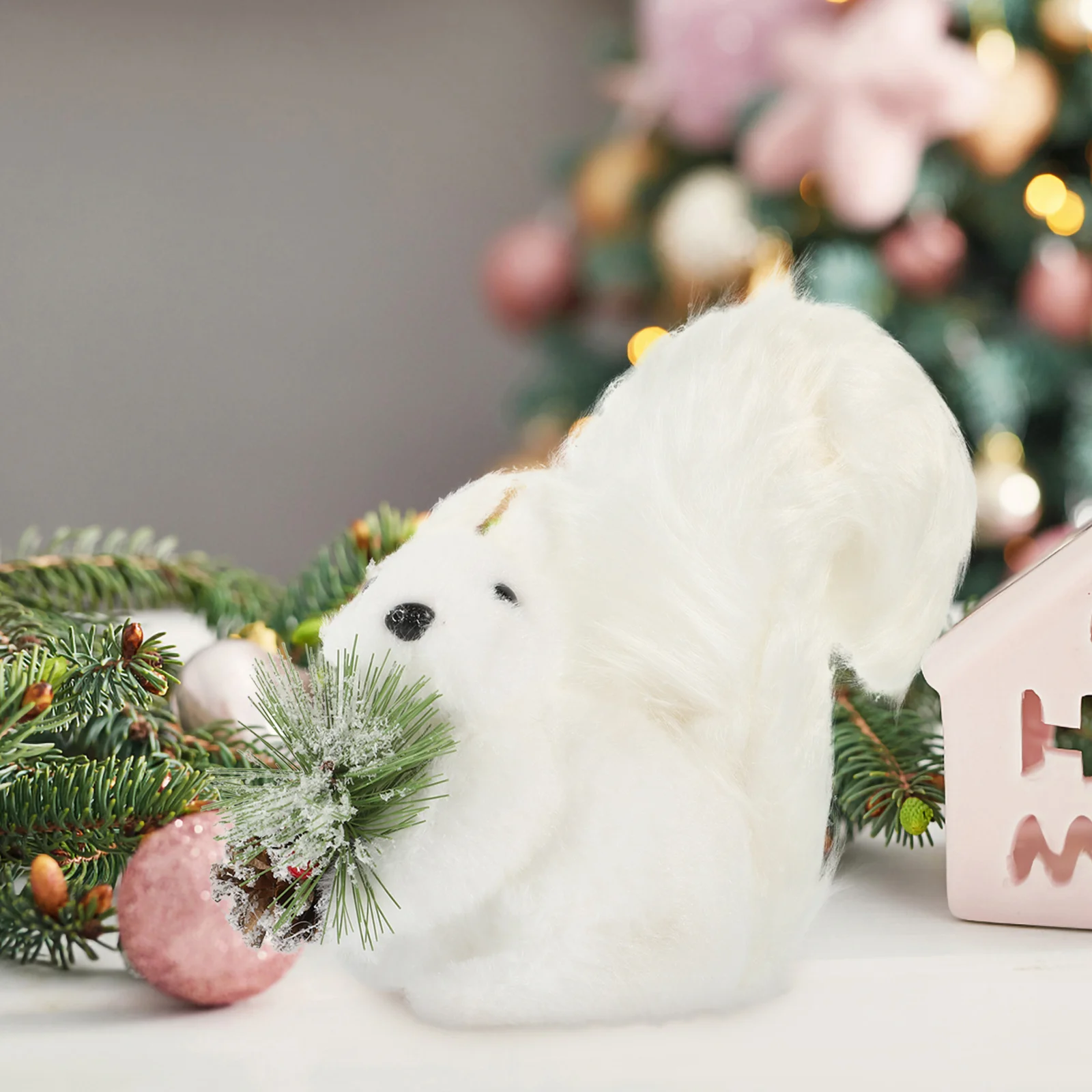 Easter Decorations Big Tail Squirrel Ornament Fall for Home Miniature Figurines Garden White Plush Statue Baby