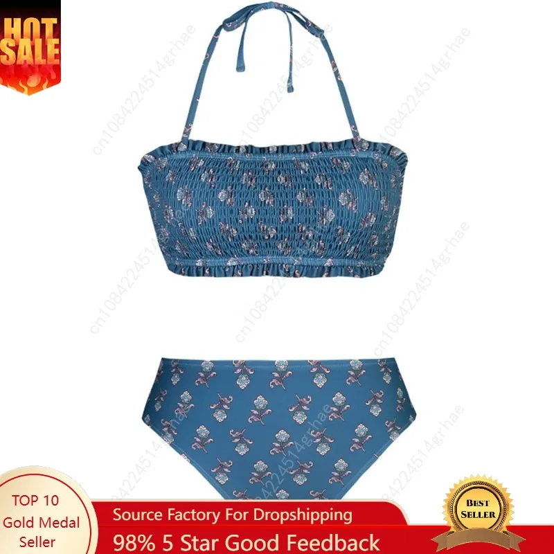 

Smocked Tie Back Bandeau Mid Waist Bikini Sets Swimsuit For Women Sexy Two Pieces Beachwear Bathing Suit Swimwear