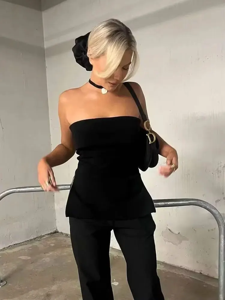 เสื้อครอปท็อปทรงบัสติเยร์แบบรัดรูป HH Sexy สำหรับผู้หญิง แฟชั่นฤดูร้อนปี 2024 แบบไม่มีสายรัดหลัง เปิดไหล่ รูดซิปด้านข้าง สไตล์วินเทจ