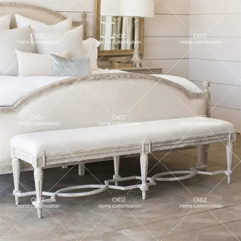 Solid Wood Bedside Stool European Carved Bench Shoe Changing Stool Retro French Style Pedal Old Fabric Soft Cushion