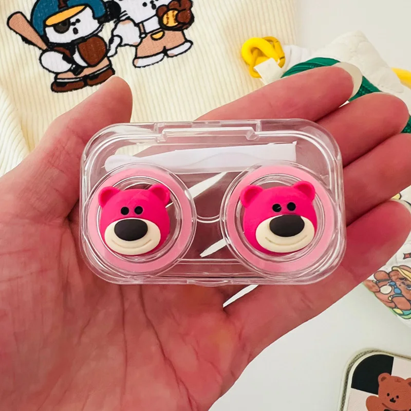 New Kawaii Disney Contact Lens Case Pink Cartoon Cute Lotso Portable Contact Lens Box with Mirror Girls Travel Gifts