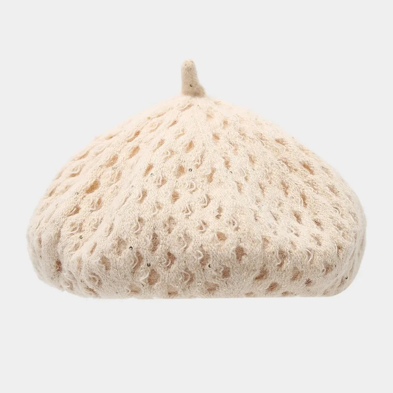 Koreanische minimalistische, durchbrochene Strickmütze mit Pailletten, Kürbismütze für Damen, für Herbst und Winter, weiche, lässige Malermütze im literarischen Stil. – Detail 4