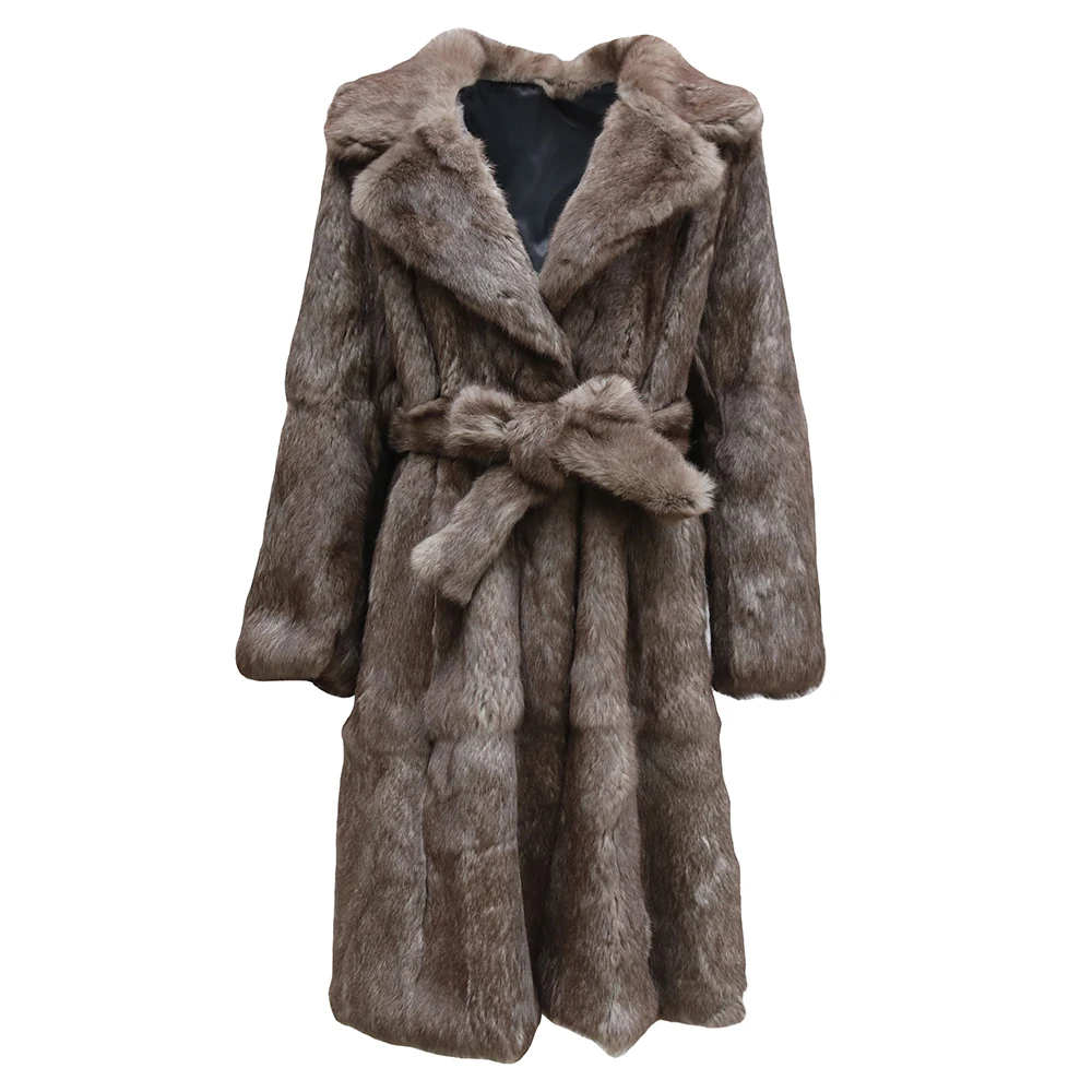 ผู้หญิงของแท้ธรรมชาติขนสัตว์กระต่ายจริงเสื้อแจ็คเก็ตแฟชั่นสุภาพสตรี Outwear กับเข็มขัดที่กําหนดเองใดๆขนาด