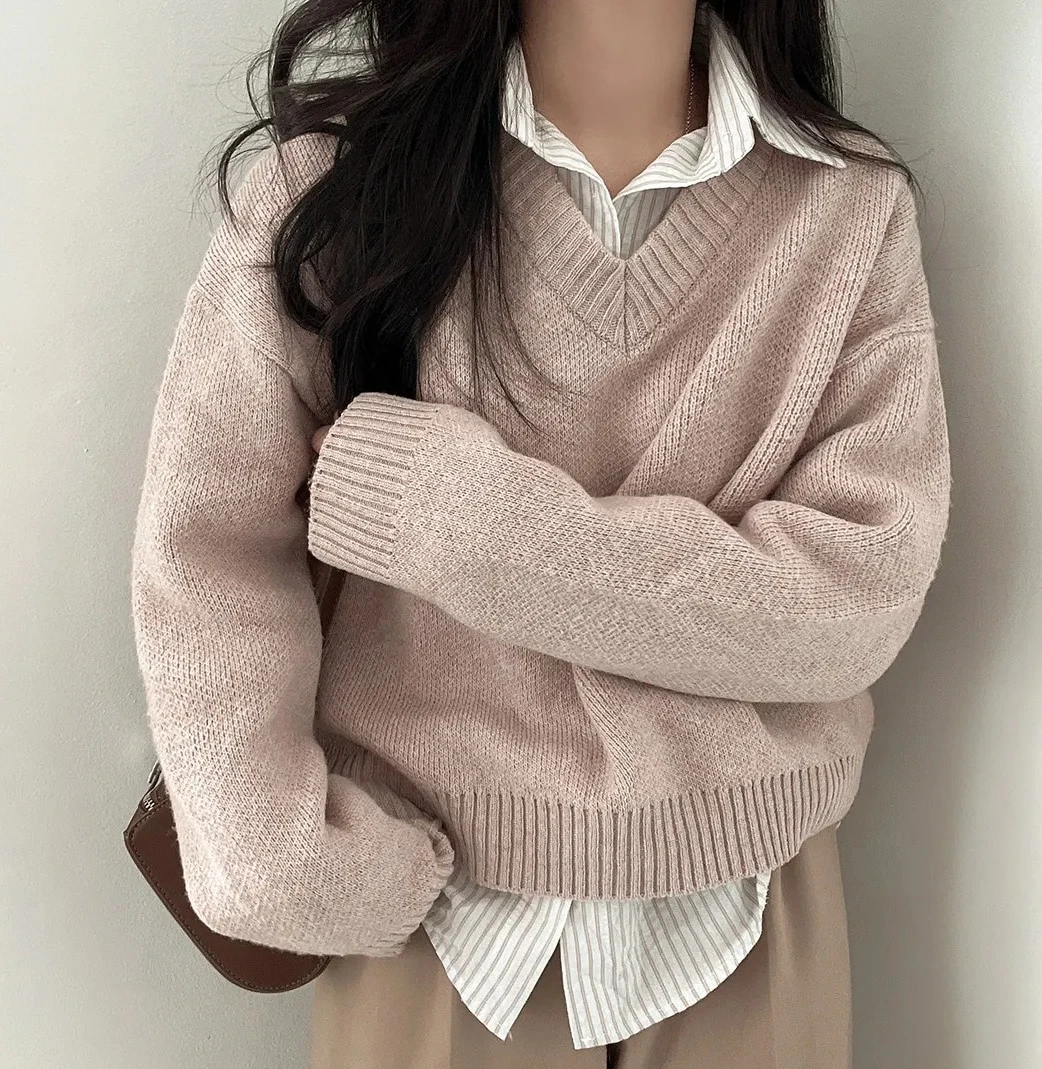 

Autumn Winter Vintage Solid V-neck Loose Women's Short Sweaters Long Sleeve Casual Korean Knitted Pullovers