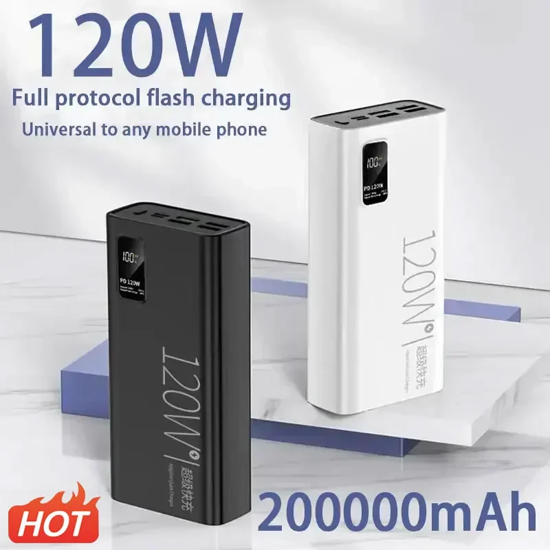 200000 mAh Power Bank 120W Super Fast Charging 100% Sufficient Capacity Portable Battery Charger For iPhone Xiaomi Huawei