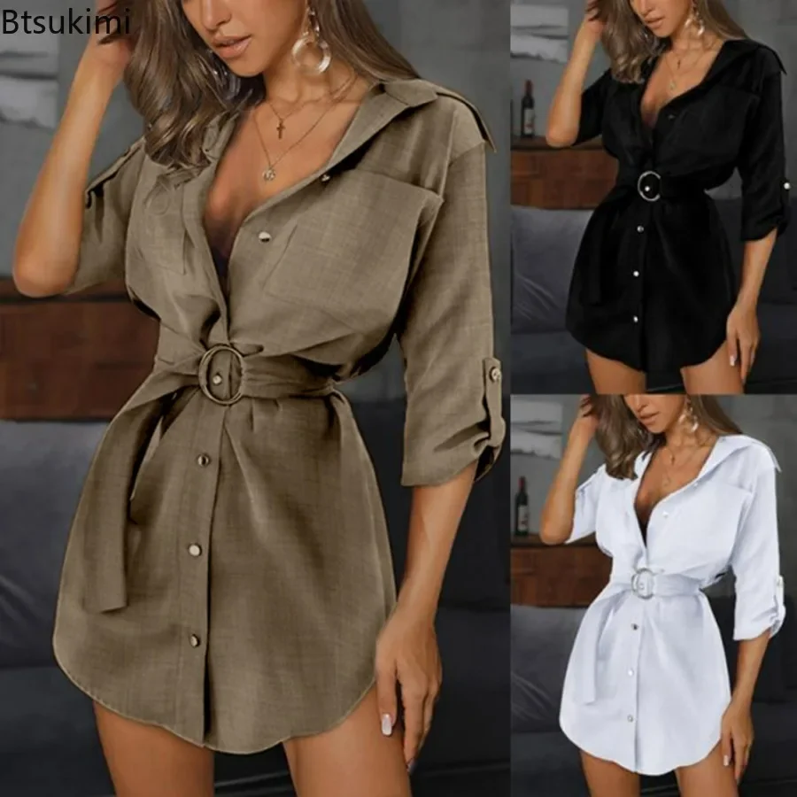 2025 Women's Summer Lace Up Cardigan Rolled Up Sleeve Shirt Dress Oversize Button Down Shirt Dress OL Style Women T Shirts Dress