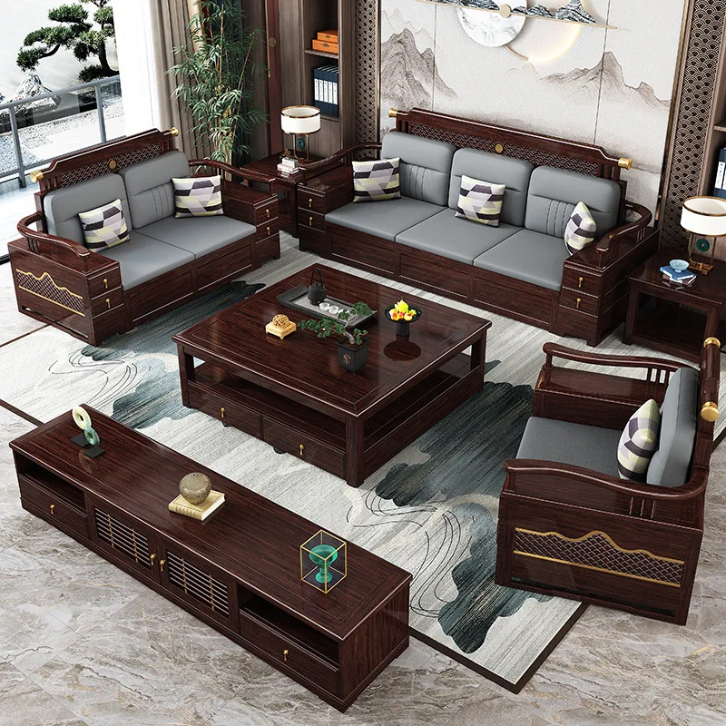 

Aijie Furniture New Chinese Ebony High Box Storage Winter and Summer Sofa Zen National Style Villa