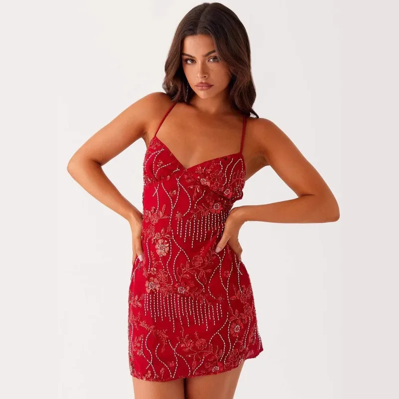 

European And American New Style Sleeveless Spaghetti Strap Sexy Bodycon Dress Slim Fit Backless Sequin Embellished
