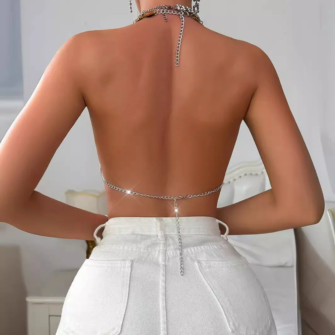 Multi-color Acrylic Beads Rhinestone Camis Tops Breast Chain Sexy Tanks Vest Night Club Show Party Women Backless Body Jewelry