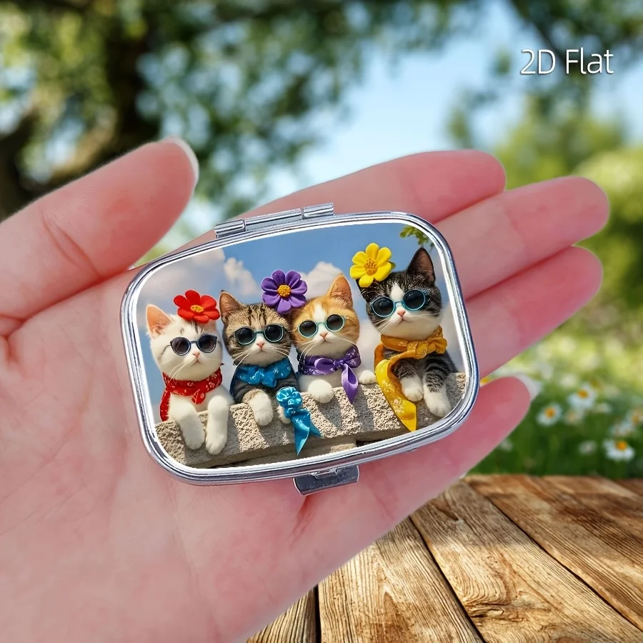Flat Design, 1 Cute Cat-Patterned Pill Container with Two Separate Compartments for Storing Medication, Suitable for Home Use, Travel, or as a Unique Accessory for Gifting and Packaging.