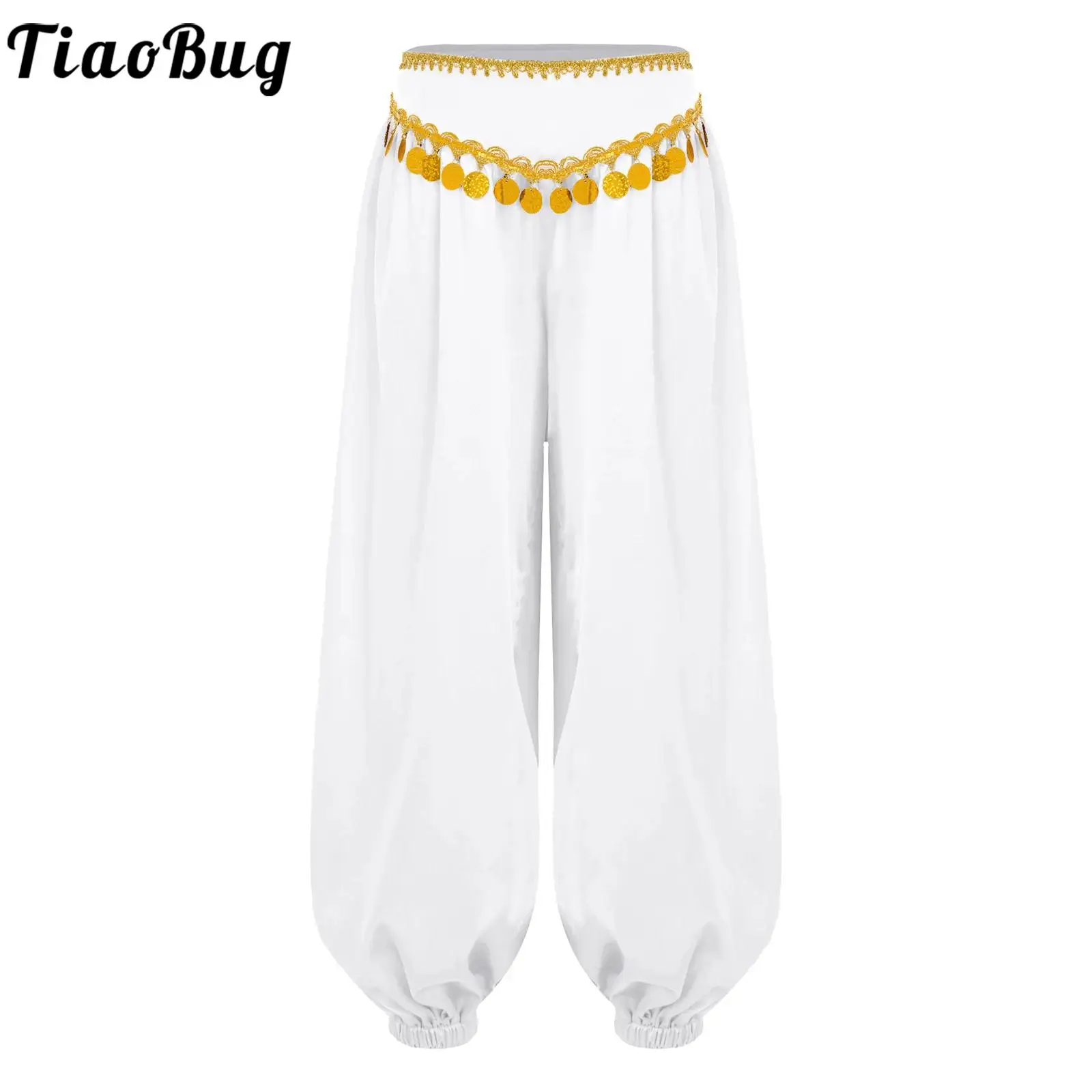 

Kids Girls Belly Lyrical Dance Pants Ballroom Performance Costume Braid Trim Sequin Tassels Bloomers Pants for Halloween Party