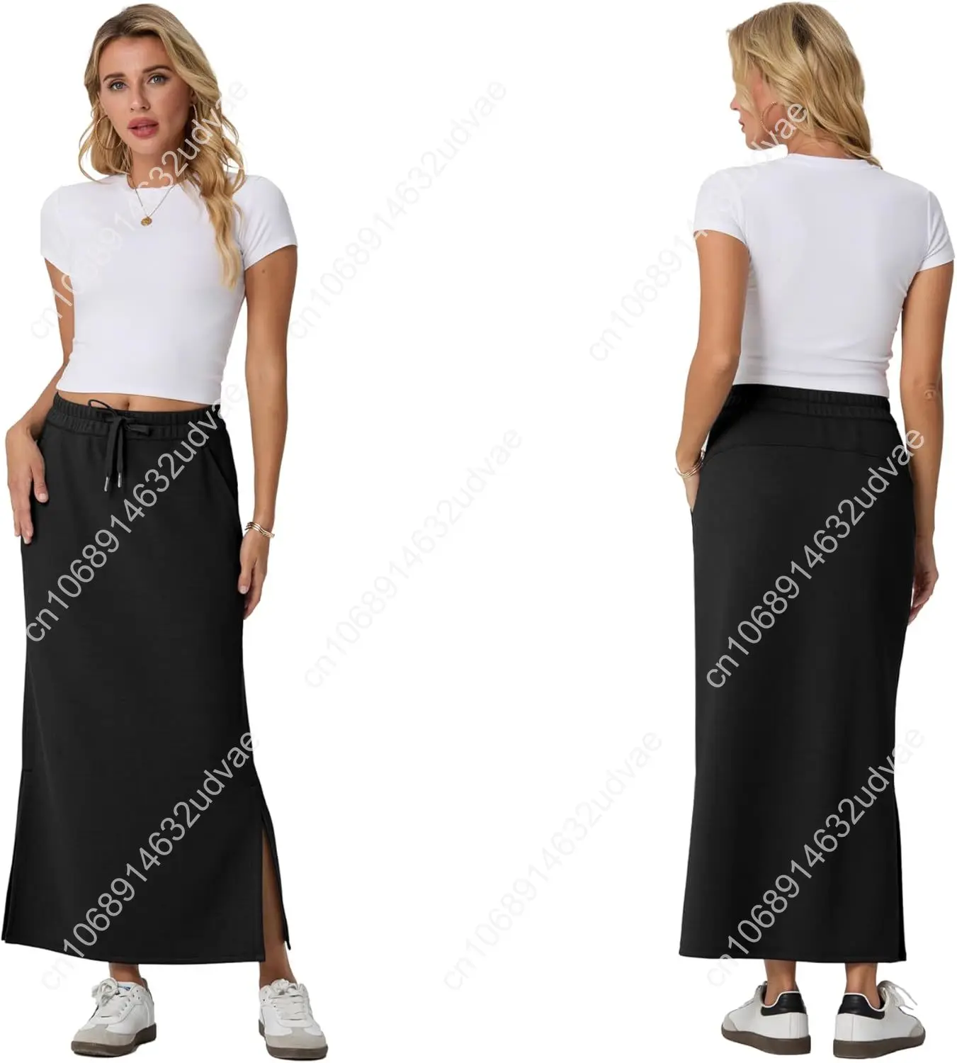 Lepunuo Casual Maxi Skirts for Womens High Waist Trendy Drawstring Side Slit Skirts with Pockets