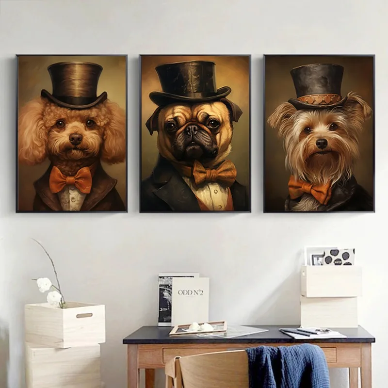 Vintage Animal Portrait Noble Pet Dog Suit Poodle Dog Posters and Prints Canvas Printing Wall Art Picture for Living Room Decor