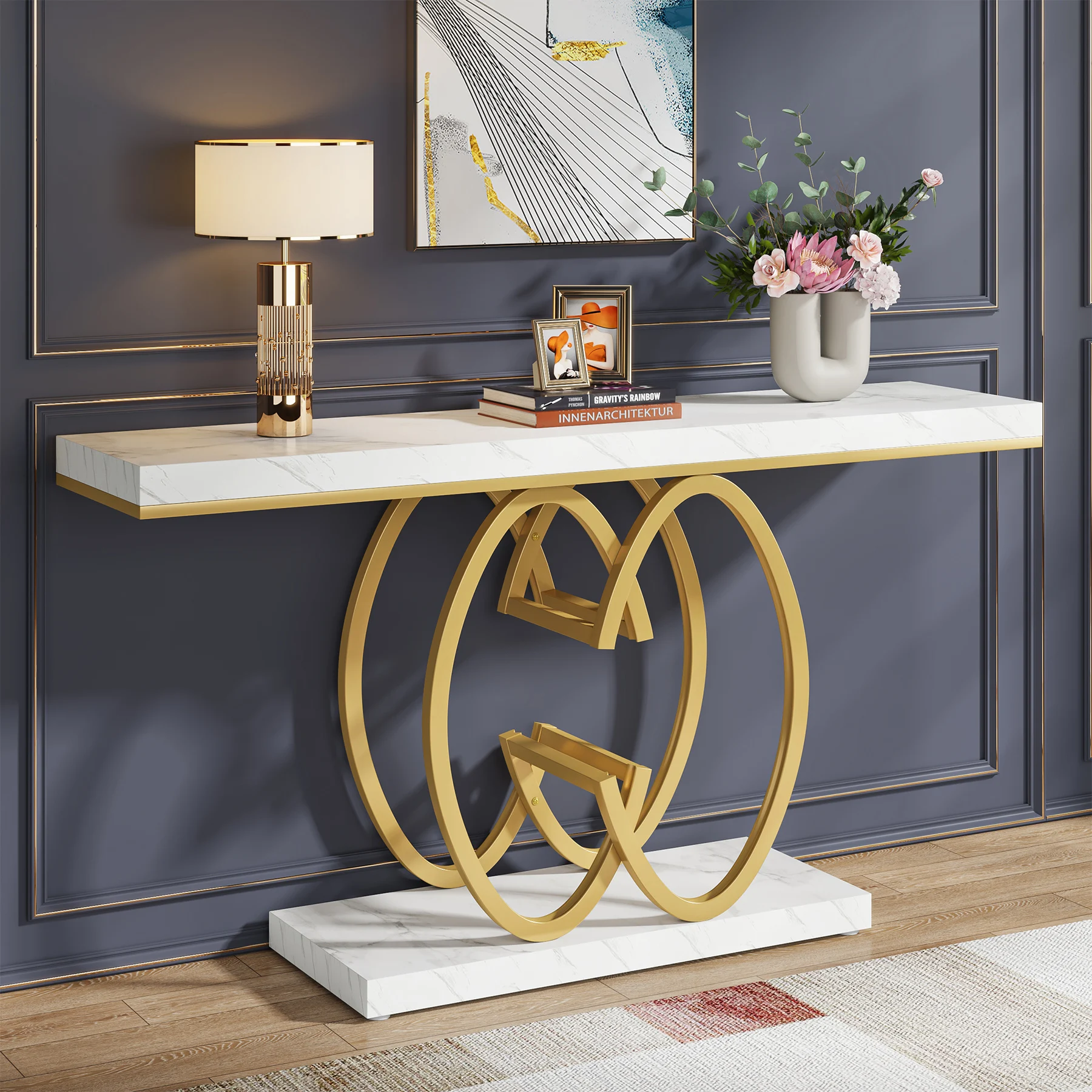 Tribesigns 55 Inch Console Table for Hallway, Faux Marble Gold Entryway Table with Geometric Metal Base, Modern Sofa Table