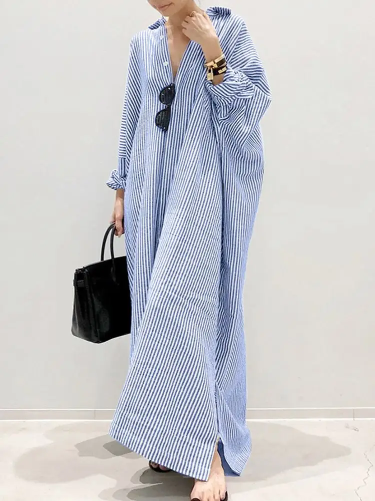 2025 Stripe Printed Beach Party Sundress ZANZEA Spring Fall Bohemian Women Long Sleeve Lapel Dress Fashion Casual Loose Vestidos