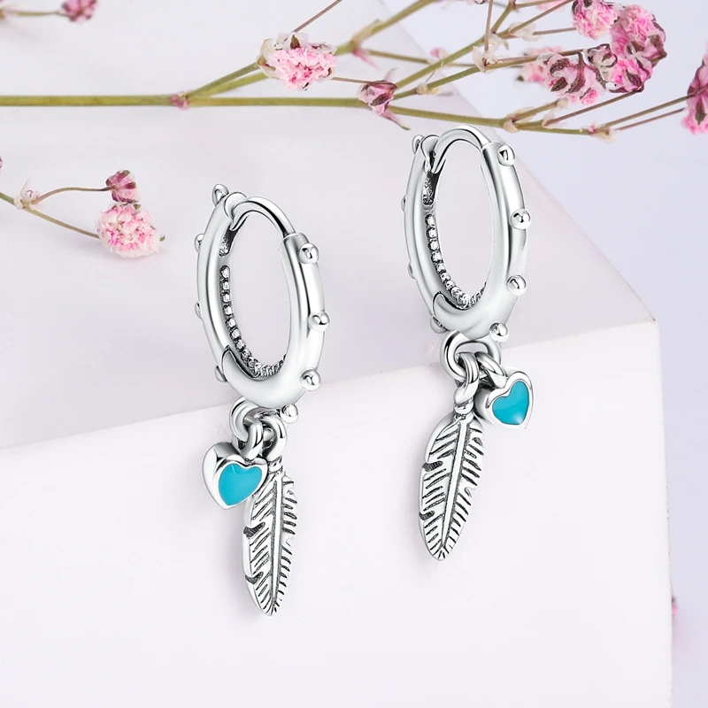 Echte Liebesfeder-Ohrringe aus 925er Sterlingsilber, passend für Original-Charms, Creolen für Damen und Mädchen, Ohrstecker, edler Schmuck, Geschenke – Detail 26