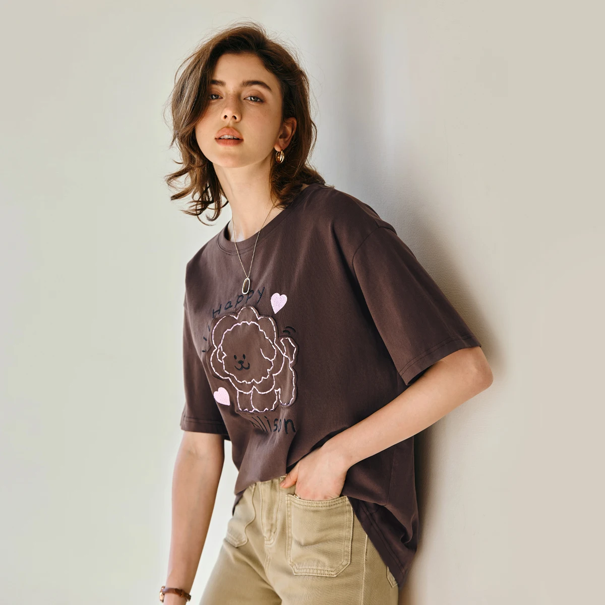 

OLrain Retro Loose Casual T-shirt for Women 2025 Summer Kawaii Cartoon Embroidered Short Sleeve Tops Ladies Clothing O57XT96881